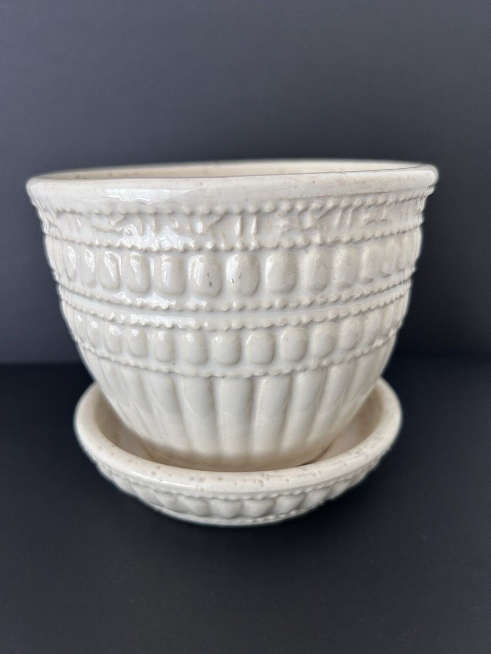 Vintage McCoy Pottery White Banded Planter attached saucer 4 1/4" Free Shipping